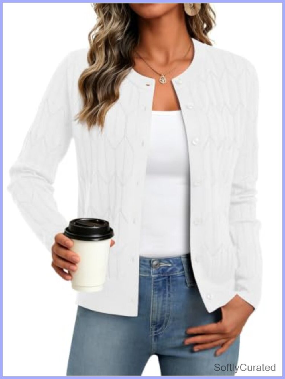 Womens Cable Knit Cardigan Button Up Crewneck Sweater Fall Winter